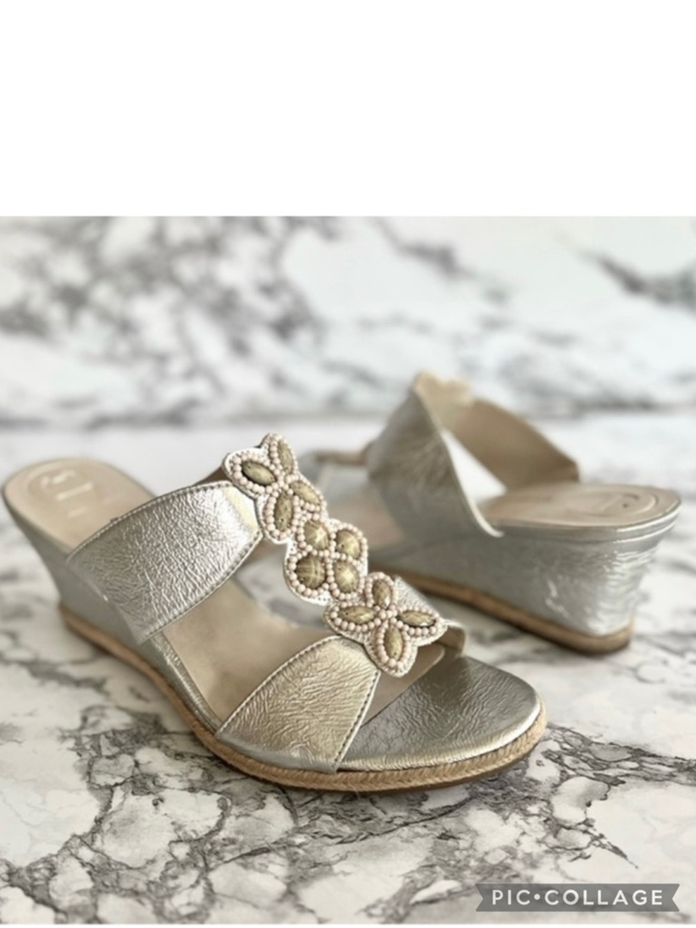 Etienne Aigner Vintage Haste Silver metallic Wedge Beaded Sandals 9 Quiet Luxury